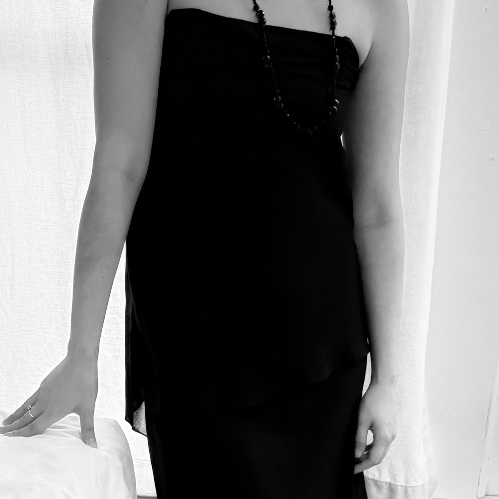 Elegant Black Strapless Silk Chiffon Dress